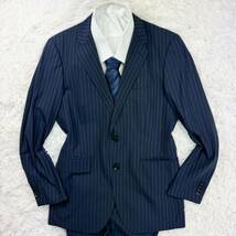 極美品/パーフェクトスーツファクトリー perfect suit factory セットアップ ストライプ 紺色 ネイビー ストライプ ウール 高級感◎ A5 M位_画像2