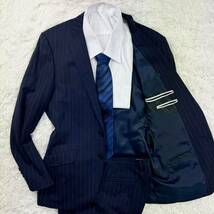 極美品/希少L◎パーフェクトスーツファクトリー perfect suit FActory セットアップ 紺色 ネイビー ストライプ A6 ウール 高級感◎ 通年_画像1