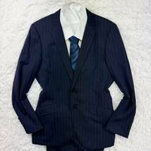 極美品/希少L◎パーフェクトスーツファクトリー perfect suit FActory セットアップ 紺色 ネイビー ストライプ A6 ウール 高級感◎ 通年_画像2