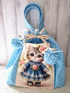 handmade//おすましワンピ猫ちゃん×ドット//巾着バック//お団子ループエンド