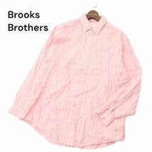 Brooks Brothers ブルックスブラザーズ 麻 アイリッシュ リネン100％★ 長袖 ストライプ BD シャツ Sz.L　メンズ ピンク　A4T03546_4#A_画像1