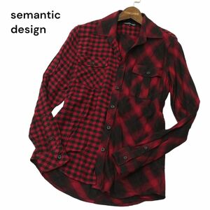 美品★ semantic design セマンティック デザイン クレイジー切替★ 長袖 レーヨン ワーク チェック シャツ Sz.S　メンズ 赤　A4T04327_4#C