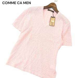 【新品 未使用】 COMME CA MEN コムサ メン 春夏 麻 リネン★ Vネック 半袖 ニット カットソー Tシャツ Sz.M　メンズ　A4T04341_4#J