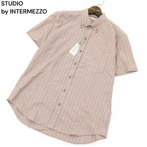 未使用★ STUDIO by INTERMEZZO インターメッツォ レナウン 春夏 半袖 ボタンダウン ストライプ シャツ Sz.M　メンズ　A4T04426_4#A