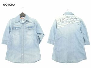 GOTCHA Gotcha spring summer Logo embroidery * star article flag switch USED processing 7 minute sleeve Work Denim shirt Sz.S men's Surf A4T03851_4#A