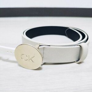 新品 CK カルバンクライン レディース用 ロゴバックル ベルト ホワイト ベージュ系 L/G Lサイズ Calvin Klein s031