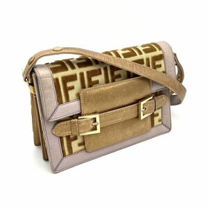 1円 良品 FENDI フェンディ ズッカ ベルト ハラコ × キャンバス × レザー ショルダー バッグ D0752M