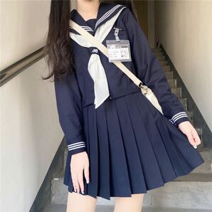 セーラー服 紺色 女子高生 5点セット ハロウィン 仮装 JK 制服 コスチューム 長袖 前開き 上下セット プリーツスカート