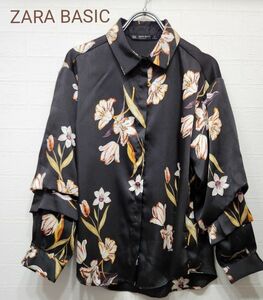 ZARA BASIC 花柄 総柄 長袖シャツ レディース ザラ ベーシック ブラック 