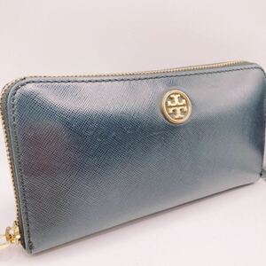 良品 TORY BURCH トリーバーチ 長財布 ロングウォレット 小銭入れ 札入れ カード入れ ラウンドファスナー ジップ ロゴ金具 レザー ネイビー