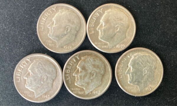 1946〜1951 ルーズベルト ワンダイム 銀貨　5枚　コイン