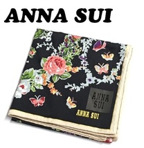 【ANNA SUI】(NO.2548)アナスイ ハンカチ　ブラック×ローズ柄　未使用　50cm_画像1