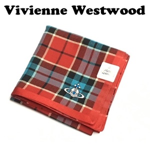 【Vivienne Westwood】(NO.3130）ヴィヴィアンウエストウッド ハンカチ 格子柄　レッド系　未使用　48cm