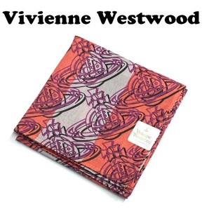 【Vivienne Westwood】(NO.3140）ヴィヴィアンウエストウッド ハンカチ オーブ総柄 赤ピンク系 未使用 50cmの画像1