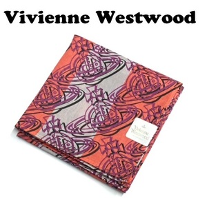 【Vivienne Westwood】(NO.3140）ヴィヴィアンウエストウッド ハンカチ オーブ総柄　赤ピンク系　未使用　50cm