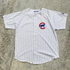 【L】STARTER 半袖ベースボールシャツ 白ストライプ■ビンテージ オールド レトロ アメリカ古着 スターター MLB シカゴカブス 90s