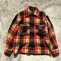 【S/M】UNKNOWN ウールシャツ ジャケット 赤黒黄 チェック■ビンテージ オールド レトロ アメリカ古着 60s-70s SALE_画像1