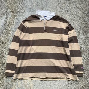 【5L(4XL)】Champion 長袖ポロシャツ 太ボーダー 茶色×ベージュ■ビンテージ アメリカ古着 チャンピオン USA製 ビッグサイズ