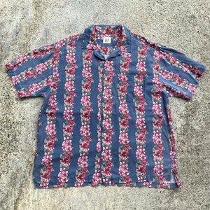 【XL/XXL】90s GAP 半袖アロハシャツ ハイビスカス ボーダー 総柄■ビンテージ オールドギャップ レトロ アメリカ古着 開襟 オープンカラー