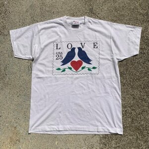 【XL】80s USA製 USPA LOVE 切手 プリントTシャツ 白■ビンテージ オールド レトロ アメリカ古着 鳥 ハート アート