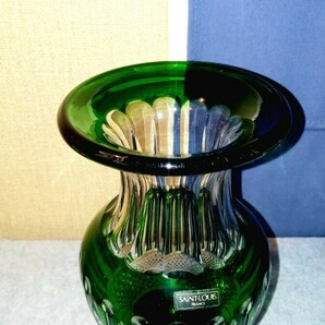 Saint Louis サンルイ クリスタル グリーン 色被せ カットガラス フラワーベース 花瓶 約24㎝ SAINT-LOUIS 未使用保管 中古 レア 切子 箱無の画像5
