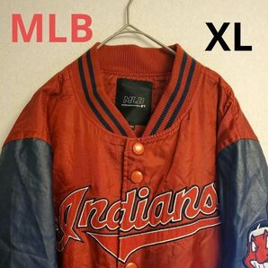【MLB】メジャーリーグ インディアンス 刺繍ロゴ スタジャン ブルゾン メンズ古着 XL相当 ビンテージ