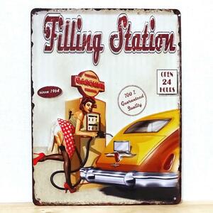 ブリキ看板 アンティーク ガソリンスタンド セクシー ビンテージ Filling Station ガレージ 車 プレート カー 壁飾り かわいい アメリカン