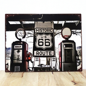 ブリキ看板 ルート66 アンティーク RT 66 Gas Staition ビンテージ ROUTE66 ガレージ プレート 壁飾り かわいい