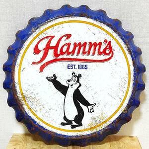 ブリキ看板 ボトルキャップ メタルサイン Hamm’s Bear Weathered かわいい ハムズベア ビール アンティーク ロゴ 壁飾り