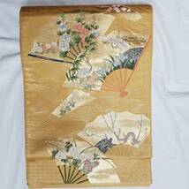 【桐輪】美品｛正絹*西陣織*袋帯｝*赤み黄色地*扇面の中に花鳥文様*六通柄*№2431653_画像8