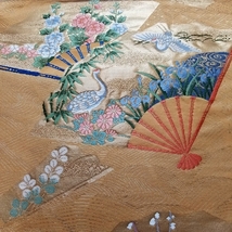 【桐輪】美品｛正絹*西陣織*袋帯｝*赤み黄色地*扇面の中に花鳥文様*六通柄*№2431653_画像10