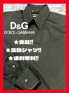 ◆送料無料！◆定価4.8万★美品+クリーニング◆DOLCE&GABBANA,ドルチェ＆ガッバーナ 高級,長袖.黒シャツ L~XL相当 パーティー,冠婚葬祭にも