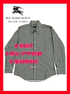 ◆送料無料！★美品+クリーニング済み！◆BURBERRY,バーバリーブラックレーベル*長袖シャツ*激レアな千鳥格子柄*白&黒*M~L相当*ストレッチ