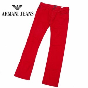 【1円】アルマーニジーンズ ARMANI JEANS レッド デニム パンツ ジーンズ US33 ストレッチ 革ワッペン メンズ ストレート