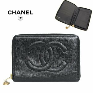 【1円/レア】シャネル CHANEL ヴィンテージ オーガナイザー ココステッチ キャビアスキン ラウンドジップ ウォレット 財布 小銭入 ブラック