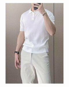 サマーニット トップス カットソー カジュアル 半袖 メンズ サマーセーター ニットTシャツ ホワイト XLサイズ