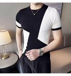 サマーニット カットソー カジュアル 半袖ニット メンズ サマーセーター ニットTシャツ ブラック XLサイズ