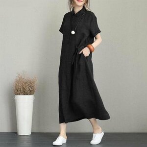 夏 ワンピ ワンピース シャツワンピ シャツワンピース ロング丈シャツ 襟付き フロントボタン ブラック 2XL