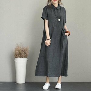 夏 ワンピ ワンピース シャツワンピ シャツワンピース ロング丈シャツ 襟付き フロントボタン グレー 3XL