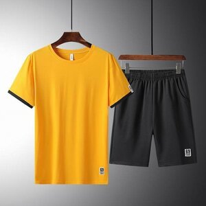 夏服 ルームウエア メンズ セットアップ 半袖 上下セット スポーツウェア 上下 半袖Tシャツ イエロー XL