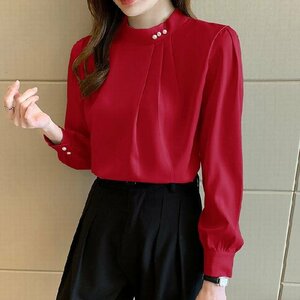 秋服 ブラウス レディース 長袖ブラウス オフィスブラウス オシャレブラウス シフォントップス レッド 2XL