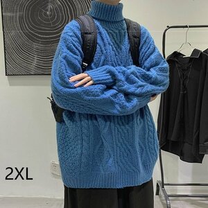 メンズ セーター ニット レース クルーネック ハイネック ファッション ゆったり 長袖 ブルーサイズ 2XL