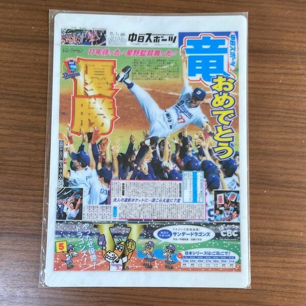 【新品】ドラゴンズ　下敷き　優勝記念　星野仙一