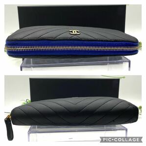 美品 CHANEL Vステッチ シェブロン マトラッセ ラムスキン キャビアスキン ラウンドファスナー ロゴ 長財布 ブラック ステッチ シャネルの画像4