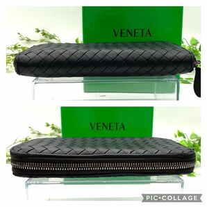 美品 BOTTEGA VENETA ブラック ラウンドファスナー イントレチャート ブラウン 系 ジッピーウォレット ボッテガヴェネタ 定番の画像5