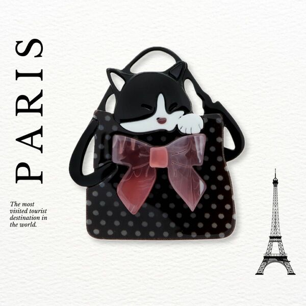 Paris broach アクリル ブローチ ピン バッグの中のねこ