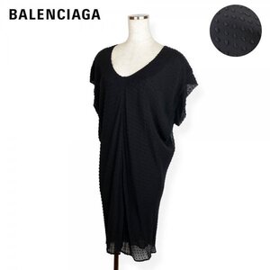 ★極美品/高級生地★ BALENCIAGA バレンシアガ シルク ノースリーブ ドレス ワンピース 立体水玉ドット柄 ひざ丈 ブラック 黒 38 Mサイズ