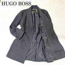 【紳士の風格】美品 希少素材 HUGO BOSS ヒューゴボス ダブルブレストチェスターコート コットンジャージー ロング丈 本切羽 グレー L相当_画像1