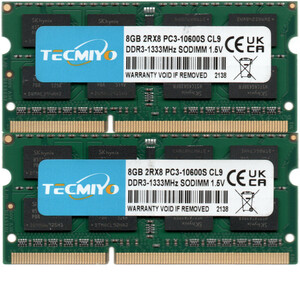 【DDR3 8GBx2枚 合計16GB ノートPC用】＜動作確認済＞TECMIYO DDR3-1333 (PC3-10600S) x 2枚【中古】H982