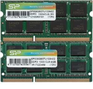 【DDR3 8GBx2枚 合計16GB ノートPC用】＜動作確認済＞シリコンパワー DDR3-1333 (PC3-10600S) SP008GBSTU133N02 x 2枚【中古】H141